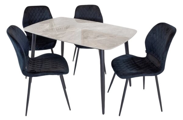 Set masa Viena gri cu 4 scaune Goteborg negru, DENVER, blat ceramica, picioare negre, 120x80 cm