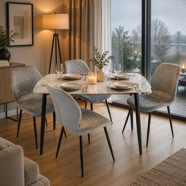 Set masa Viena gri cu 4 scaune Goteborg gri, DENVER, blat ceramica, picioare negre, 120x80 cm