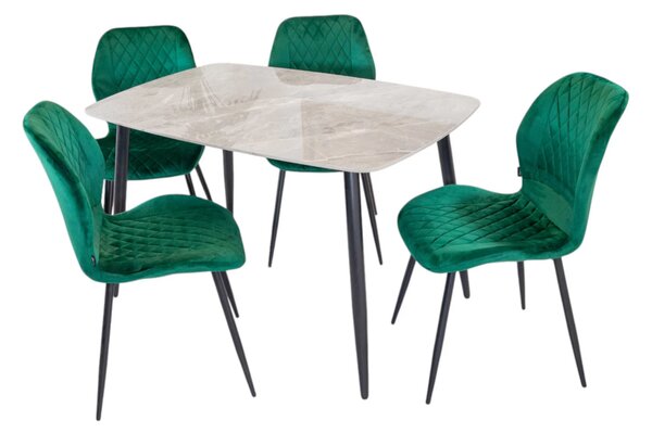 Set masa Viena gri cu 4 scaune Goteborg verde, DENVER, blat ceramica, picioare negre, 120x80 cm