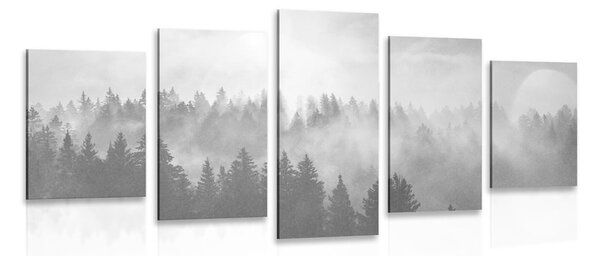 Tablou 5-piese ceață deasupra pădurii în design alb-negru
