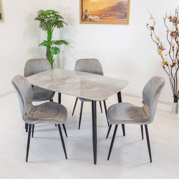 Set masa Viena gri cu 4 scaune Goteborg gri, DENVER, blat ceramica, picioare negre, 120x80 cm