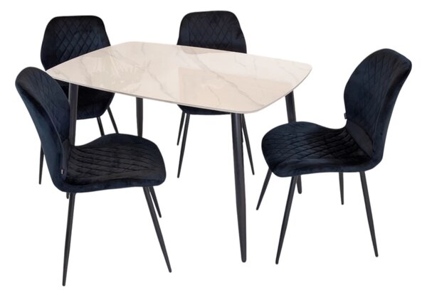 Set masa Viena alba cu 4 scaune Goteborg negru, DENVER, blat ceramica, picioare negre, 120x80 cm