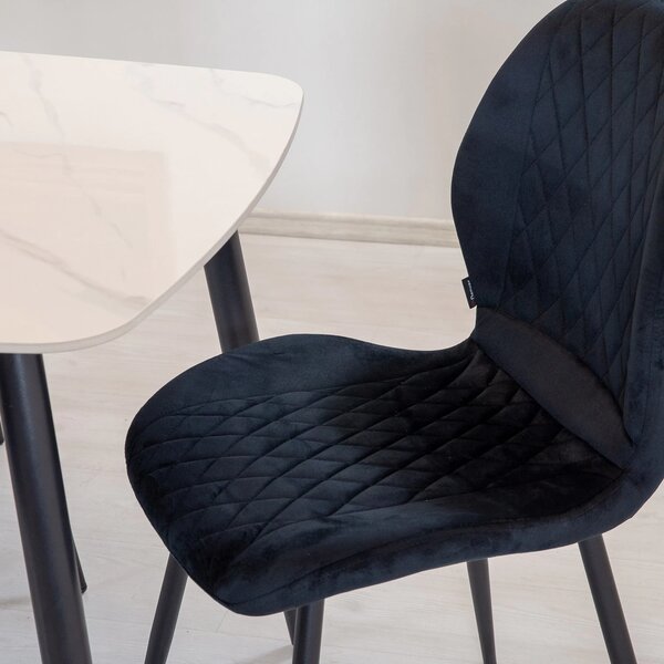 Set masa Viena alba cu 4 scaune Goteborg negru, DENVER, blat ceramica, picioare negre, 120x80 cm