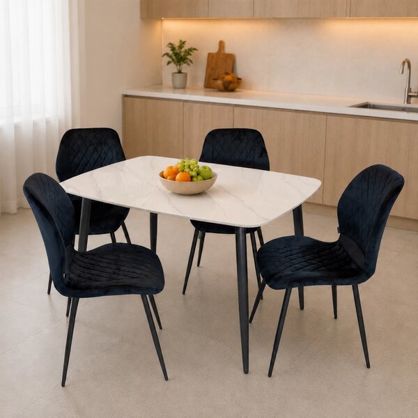 Set masa Viena alba cu 4 scaune Goteborg negru, DENVER, blat ceramica, picioare negre, 120x80 cm