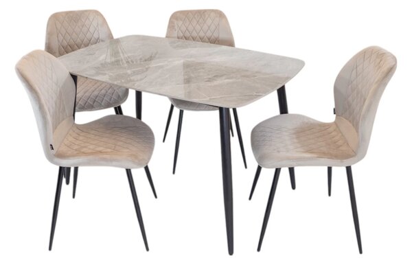 Set masa Viena gri cu 4 scaune Goteborg bej, DENVER, blat ceramica, picioare negre, 120x80 cm