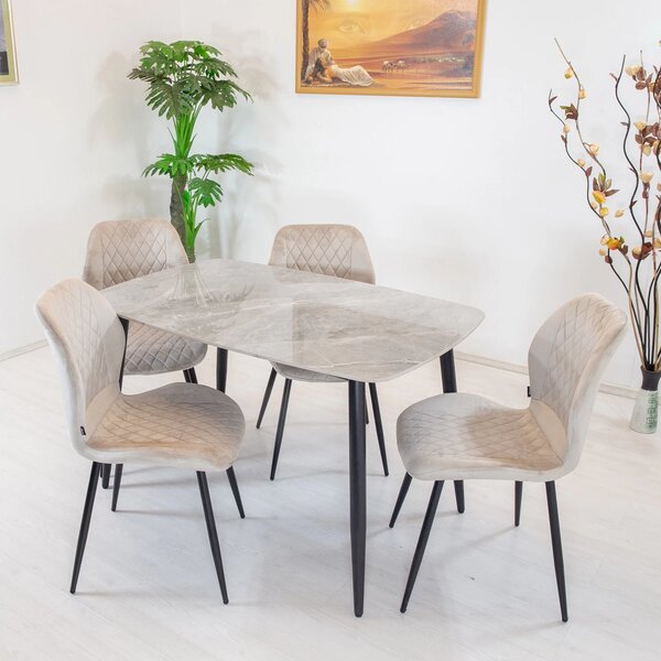 Set masa Viena gri cu 4 scaune Goteborg bej, DENVER, blat ceramica, picioare negre, 120x80 cm