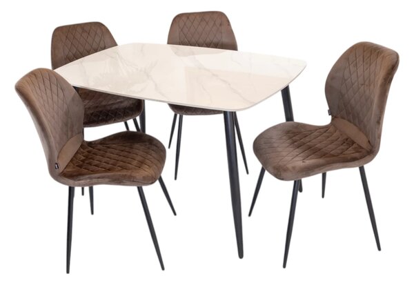 Set masa Viena alba cu 4 scaune Goteborg maro, DENVER, blat ceramica, picioare negre, 120x80 cm