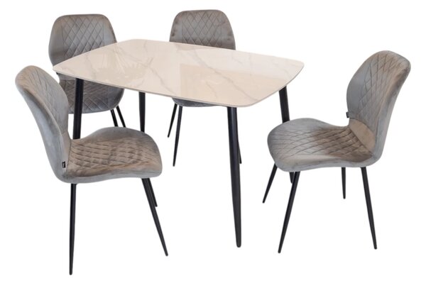 Set masa Viena alba cu 4 scaune Goteborg gri, DENVER, blat ceramica, picioare negre, 120x80 cm