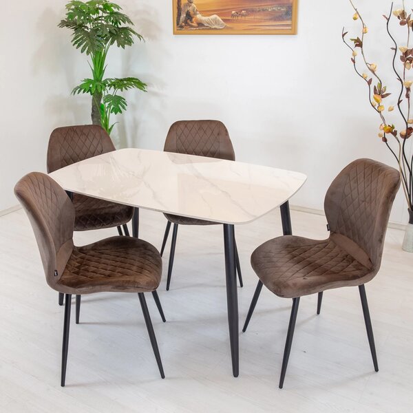 Set masa Viena alba cu 4 scaune Goteborg maro, DENVER, blat ceramica, picioare negre, 120x80 cm