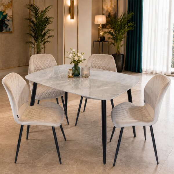 Set masa Viena gri cu 4 scaune Goteborg bej, DENVER, blat ceramica, picioare negre, 120x80 cm