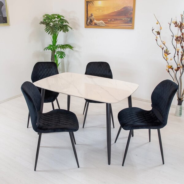 Set masa Viena alba cu 4 scaune Goteborg negru, DENVER, blat ceramica, picioare negre, 120x80 cm