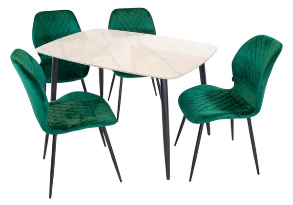 Set masa Viena alba cu 4 scaune Goteborg verde, DENVER, blat ceramica, picioare negre, 120x80 cm
