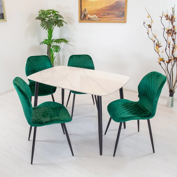 Set masa Viena alba cu 4 scaune Goteborg verde, DENVER, blat ceramica, picioare negre, 120x80 cm
