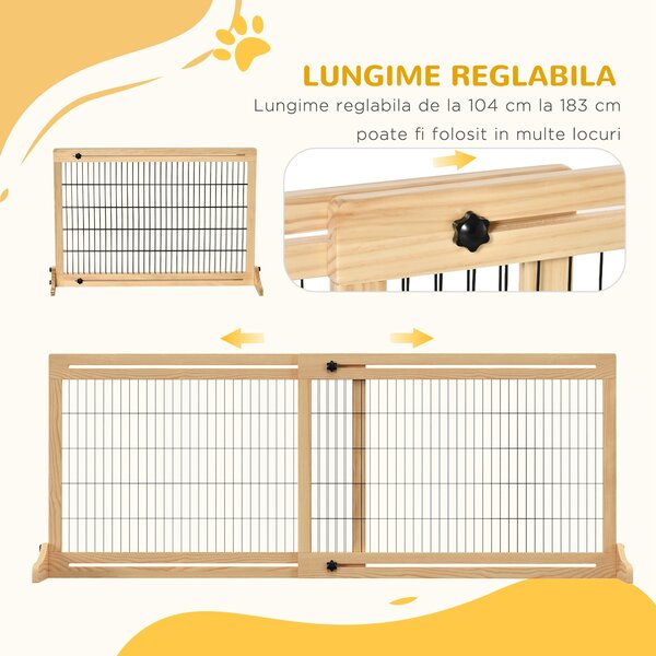 PawHut Poarta Extra Lata Independenta de 183x36x70cm pentru Animale de Companie, cu Lungime Reglabila, Bariere pentru Casa, Usa, Hol, Natur