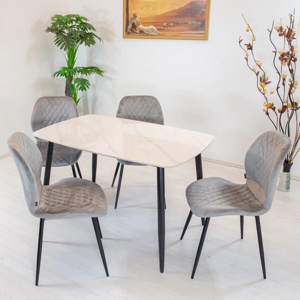 Set masa Viena alba cu 4 scaune Goteborg gri, DENVER, blat ceramica, picioare negre, 120x80 cm