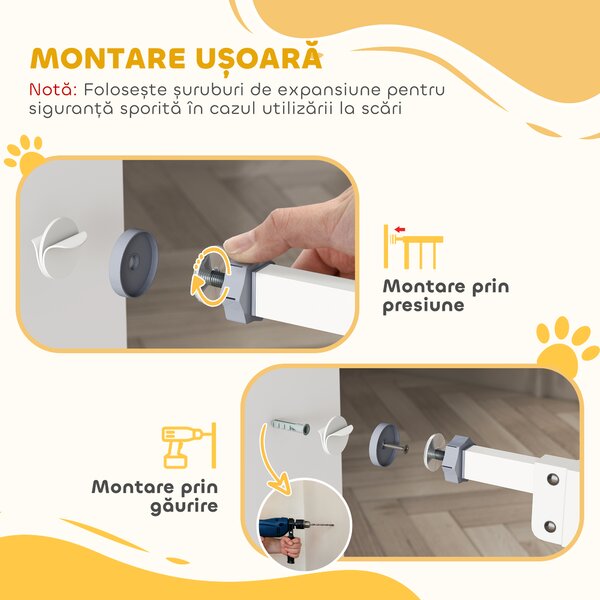 PawHut Poartă Extensibilă pentru Câini fără Șuruburi, Poartă de Siguranță Reglabilă cu 2 Extensii, 94-100 cm, Alb | Aosom Romania