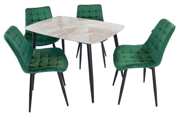 Set masa Viena gri cu 4 scaune Osaka verde, DENVER, blat ceramica, picioare negre, 120x80 cm
