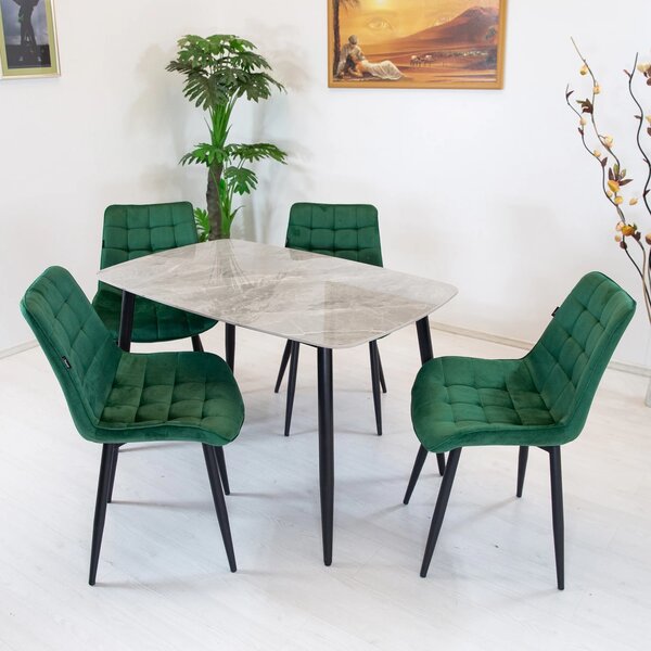 Set masa Viena gri cu 4 scaune Osaka verde, DENVER, blat ceramica, picioare negre, 120x80 cm