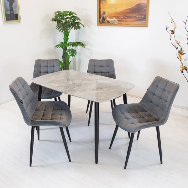 Set masa Viena gri cu 4 scaune Osaka gri, DENVER, blat ceramica, picioare negre, 120x80 cm