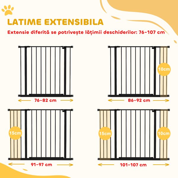 PawHut Poartă pentru Câine Extensibilă cu Deschidere Amplă, Poartă de Siguranță din Oțel și Plastic, 76-107x76 cm, Negru | Aosom Romania