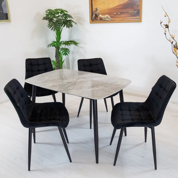 Set masa Viena gri cu 4 scaune Osaka negru, DENVER, blat ceramica, picioare negre, 120x80 cm