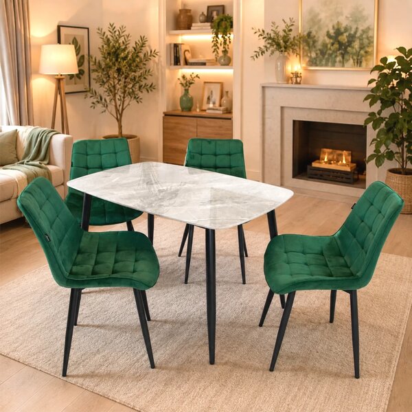 Set masa Viena gri cu 4 scaune Osaka verde, DENVER, blat ceramica, picioare negre, 120x80 cm