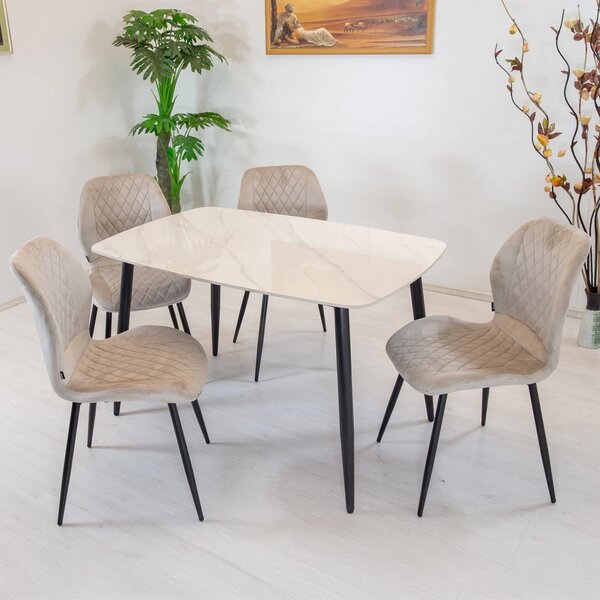 Set masa Viena alba cu 4 scaune Goteborg bej, DENVER, blat ceramica, picioare negre, 120x80 cm