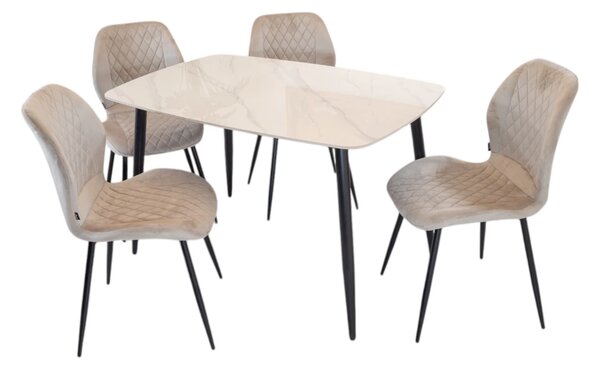 Set masa Viena alba cu 4 scaune Goteborg bej, DENVER, blat ceramica, picioare negre, 120x80 cm