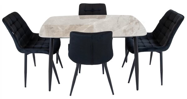 Set masa Viena gri cu 4 scaune Osaka negru, DENVER, blat ceramica, picioare negre, 120x80 cm