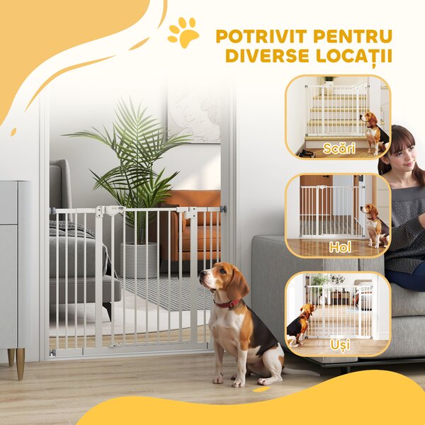 PawHut Poartă Extensibilă pentru Câini fără Șuruburi, Poartă de Siguranță Reglabilă cu 2 Extensii, 94-100 cm, Alb | Aosom Romania