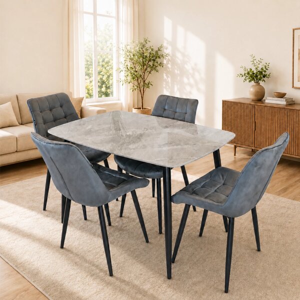 Set masa Viena gri cu 4 scaune Osaka gri, DENVER, blat ceramica, picioare negre, 120x80 cm