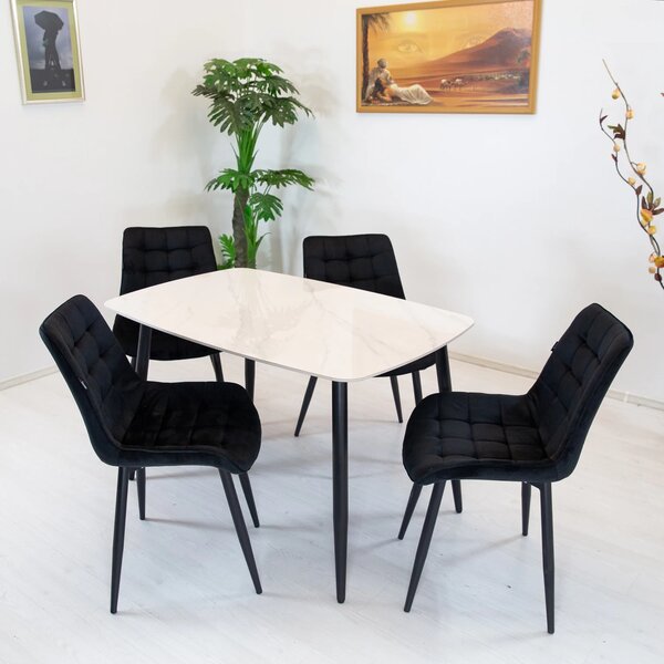 Set masa Viena alba cu 4 scaune Osaka negru, DENVER, blat ceramica, picioare negre, 120x80 cm