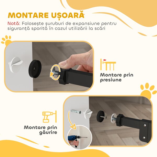 PawHut Poartă Extensibilă pentru Câini fără Șuruburi, Poartă de Siguranță Reglabilă cu 2 Extensii, 68x72 cm, Negru | Aosom Romania