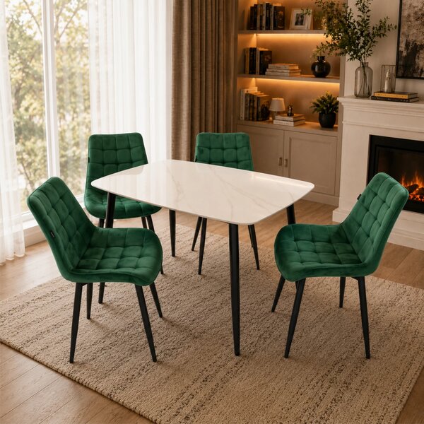 Set masa Viena alba cu 4 scaune Osaka verde, DENVER, blat ceramica, picioare negre, 120x80 cm