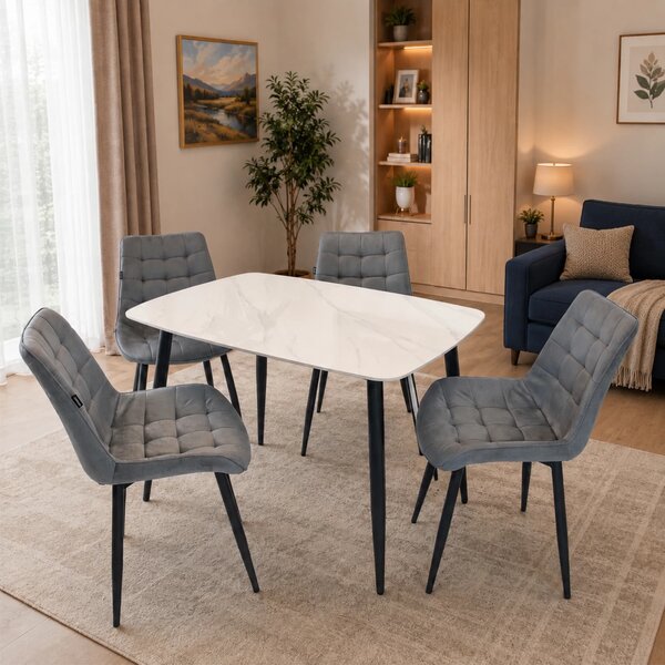 Set masa Viena alba cu 4 scaune Osaka gri, DENVER, blat ceramica, picioare negre, 120x80 cm