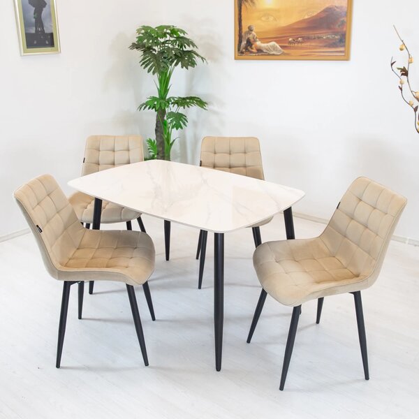 Set masa Viena alba cu 4 scaune Osaka bej, DENVER, blat ceramica, picioare negre, 120x80 cm