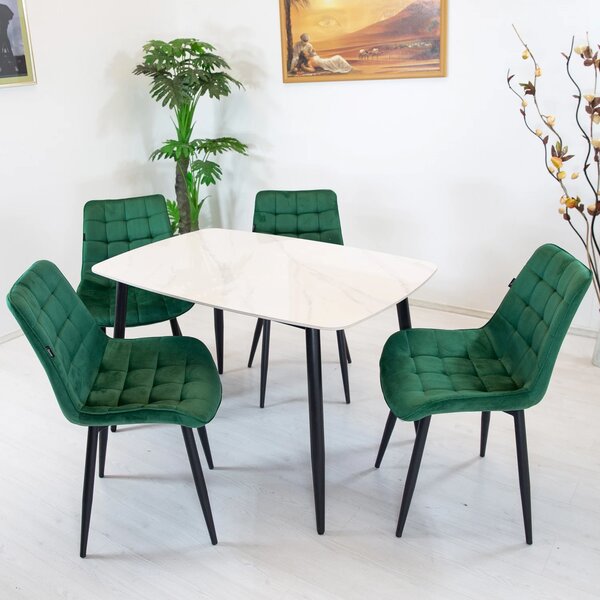 Set masa Viena alba cu 4 scaune Osaka verde, DENVER, blat ceramica, picioare negre, 120x80 cm