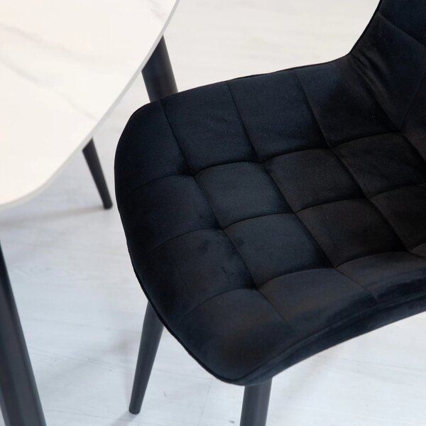 Set masa Viena alba cu 4 scaune Osaka negru, DENVER, blat ceramica, picioare negre, 120x80 cm