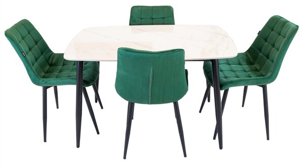 Set masa Viena alba cu 4 scaune Osaka verde, DENVER, blat ceramica, picioare negre, 120x80 cm