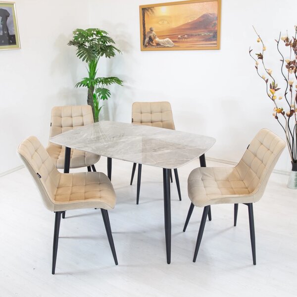 Set masa Viena gri cu 4 scaune Osaka bej, DENVER, blat ceramica, picioare negre, 120x80 cm