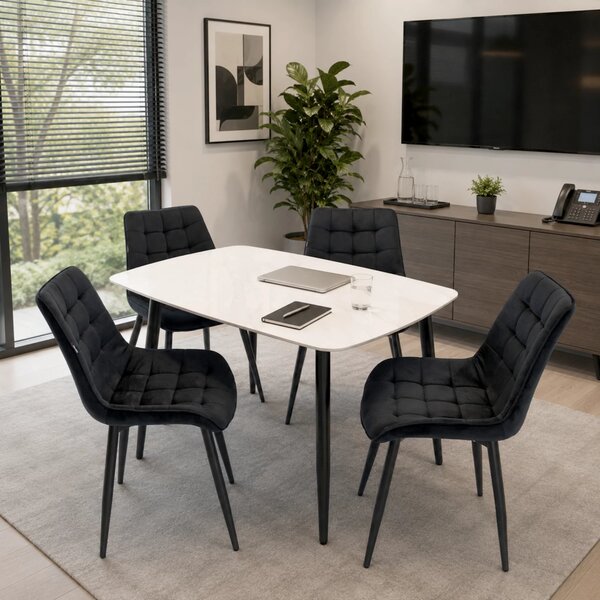 Set masa Viena alba cu 4 scaune Osaka negru, DENVER, blat ceramica, picioare negre, 120x80 cm