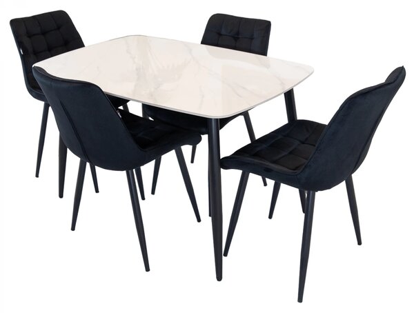 Set masa Viena alba cu 4 scaune Osaka negru, DENVER, blat ceramica, picioare negre, 120x80 cm