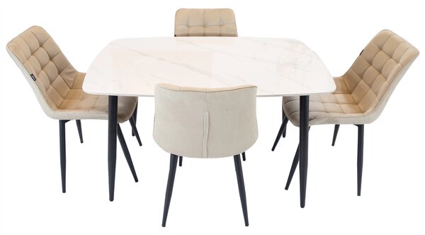 Set masa Viena alba cu 4 scaune Osaka bej, DENVER, blat ceramica, picioare negre, 120x80 cm