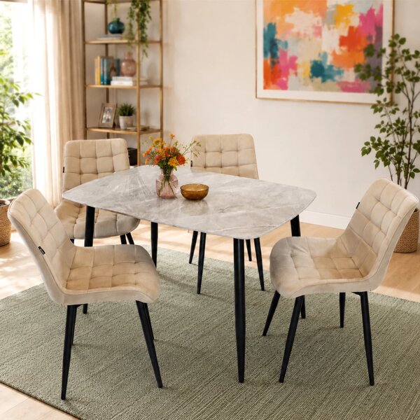 Set masa Viena gri cu 4 scaune Osaka bej, DENVER, blat ceramica, picioare negre, 120x80 cm