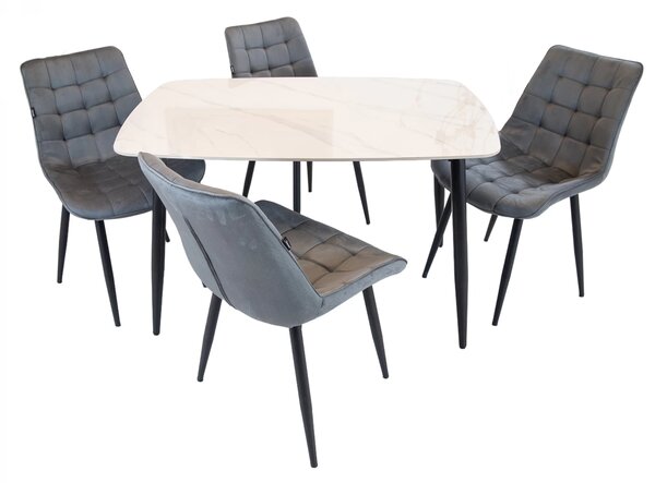 Set masa Viena alba cu 4 scaune Osaka gri, DENVER, blat ceramica, picioare negre, 120x80 cm