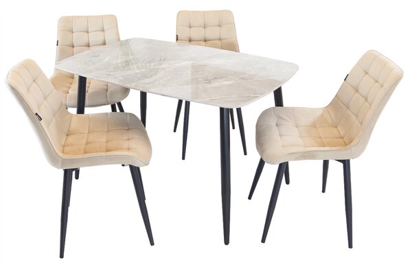 Set masa Viena gri cu 4 scaune Osaka bej, DENVER, blat ceramica, picioare negre, 120x80 cm