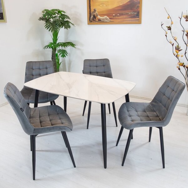 Set masa Viena alba cu 4 scaune Osaka gri, DENVER, blat ceramica, picioare negre, 120x80 cm