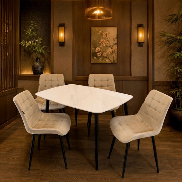 Set masa Viena alba cu 4 scaune Osaka bej, DENVER, blat ceramica, picioare negre, 120x80 cm