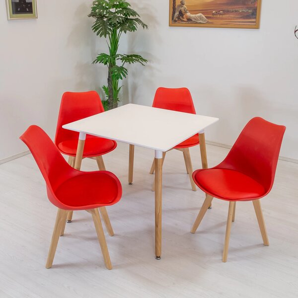 Set masa Koln alba cu 4 scaune Stockholm rosu, DENVER, blat MDF alb, forma patrata, 80x80x74 cm
