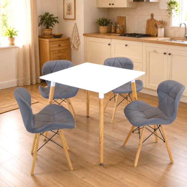 Set masa Koln alba cu 4 scaune Oslo gri, DENVER, blat MDF alb, forma patrata, 80x80x74 cm